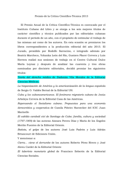Premio de la Cr&iacute;tica Cient&iacute;fico-T&eacute;cnica 2013. Publicado