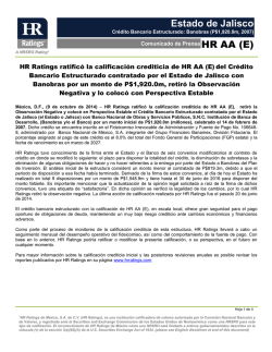 HR Ratings de M&eacute;xico asigna calificaci&oacute;n inicial de HR A+ al