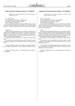 Notificaci&oacute;n de la sentencia dictada en el juicio verbal n&uacute;mero 20