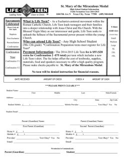 2014-2015 Life Teen Registration - St. Mary of the Miraculous Medal
