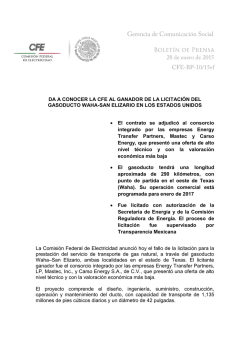 DA A CONOCER LA CFE AL GANADOR DE LA LICITACI&Oacute;N DEL