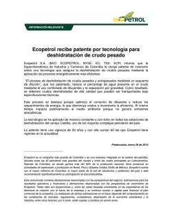 Ecopetrol recibe patente por tecnolog&iacute;a para deshidrataci&oacute;n de
