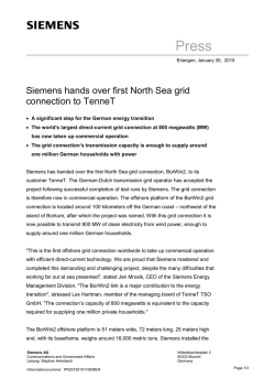 Press Release: Siemens hands over first North Sea grid connection