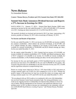 Summit State Bank Announces Dividend Increase and Reports a 27