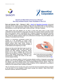 Sanofi and MannKind Announce Afrezza&reg;, the Only Inhaled Insulin