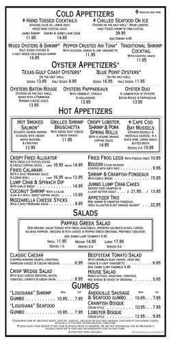 Salads Oyster Appetizers* Gumbos Cold Appetizers Hot Appetizers