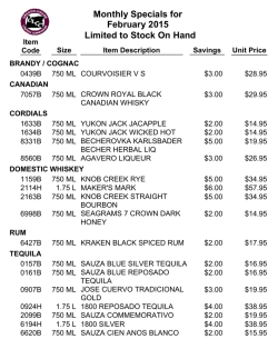 Monthly Specials for Limited to Stock On Hand February 2015