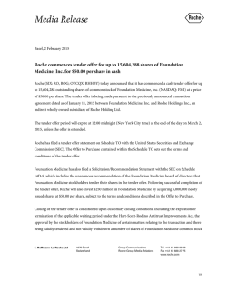 Roche commences tender offer for up to 15,604,288 shares of