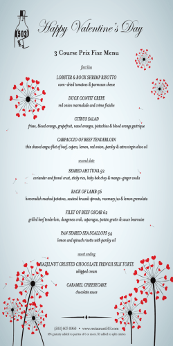 503 Valentine Dinner Menu 2015