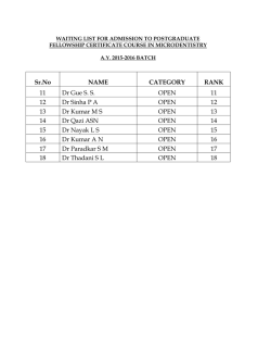 Sr.No NAME CATEGORY RANK 11 Dr Gue S. S. OPEN 11