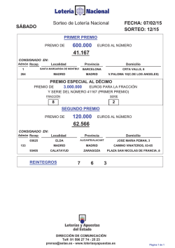 07/02/15 SORTEO: 12/15 Sorteo de Loter&iacute;a Nacional 7 6 3