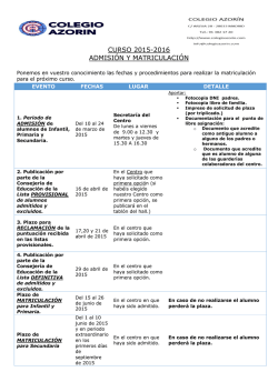 CURSO 2015-2016 ADMISI&Oacute;N Y MATRICULACI&Oacute;N
