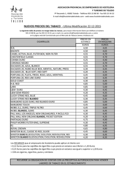 NUEVOS PRECIOS DEL TABACO - &Uacute;ltima Modificaci&oacute;n 22-12-2015
