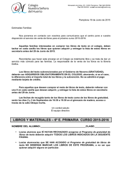 LIBROS Y MATERIALES &ndash; 6&ordm; E. PRIMARIA CURSO 2015-2016