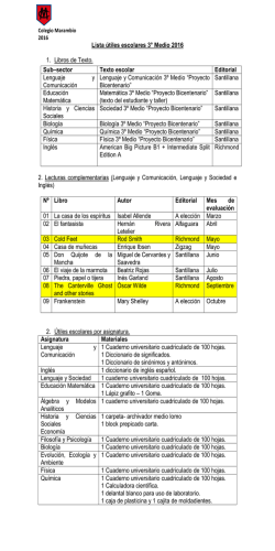 Lista &uacute;tiles escolares 3&deg; Medio 2016 1. Libros de Texto. 2. Lecturas