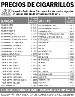 PRECIOS DE CIGARRILLOS Massalin Particulares