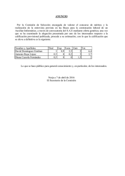 Anuncio de calificaci&oacute;n definitiva del proceso selectivo de un