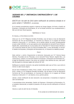 Edicto de 4 de abril de 2016 sobre notificaci&oacute;n de sentencia dictada