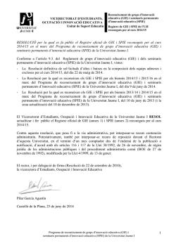 1 RESOLUCI&Oacute; per la qual es fa p&uacute;blic el Registre oficial de GIE i