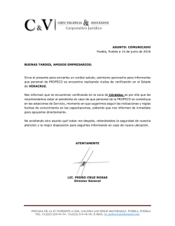 ASUNTO: COMUNICADO Puebla, Puebla a 14 de junio de 2016