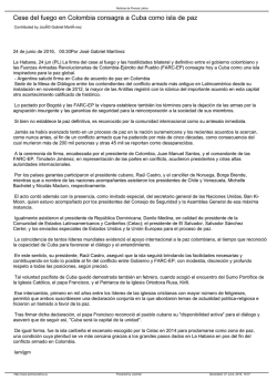Cese del fuego en Colombia consagra a Cuba