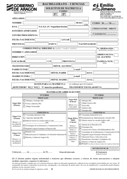 Impreso de matr&iacute;cula Bachillerato de Ciencias y
