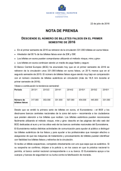 nota de prensa desciende el n&uacute;mero de billetes falsos en el primer