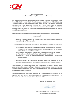 CZ VETERINARIA, S.A. Junta General Ordinaria y Extraordinaria de