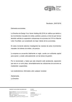 DYH AB Consejo de Administraci&oacute;n de Opini&oacute;n sobre la suspensi&oacute;n