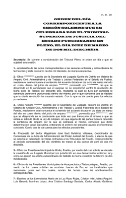 Se somete a consideraci&oacute;n del Tribunal Pleno, el orden del d&iacute;a a