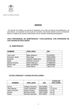 Anuncio lista provisional de admitidos/as, excluidos/as y causas de