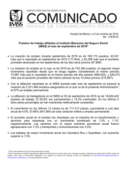 (IMSS) al mes de septiembre de 2016 &bull; La creaci&oacute;n de emp