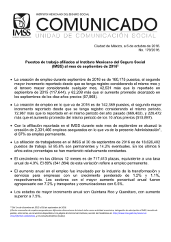 (IMSS) al mes de septiembre de 2016&sect; &bull; La creaci&oacute;n de e