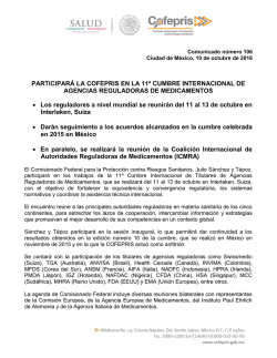 Participar&aacute; la COFEPRIS en la 11&ordf; Cumbre Internacional de