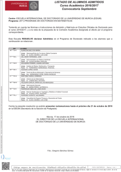 LISTADO DE ALUMNOS ADMITIDOS Curso Acad&eacute;mico 2016/2017