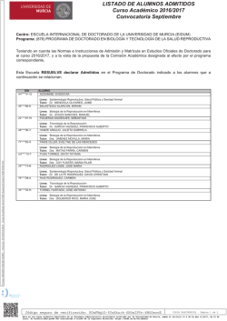 LISTADO DE ALUMNOS ADMITIDOS Curso Acad&eacute;mico 2016/2017