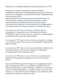 Declaraci&oacute;n de Independentistas Puertorrique&ntilde;os por el