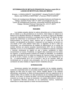 Determinaci&oacute;n de metales pesados en Cyprinus carpio en la