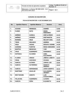 HORARIO DE INSCRIPCI&Oacute;N No. Apellido Paterno Apellido Materno